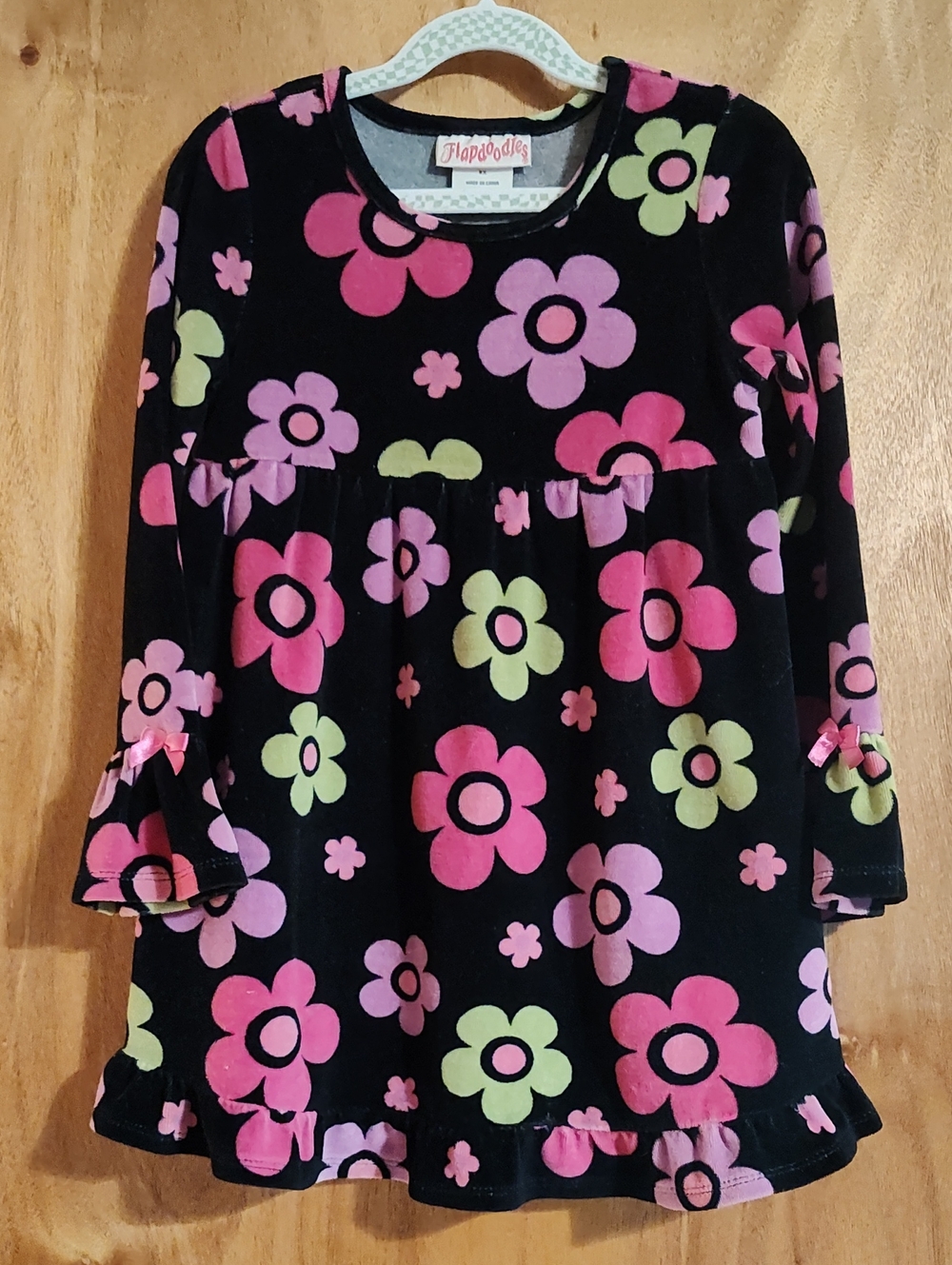 Flapdoodles Girls Velour Floral Dress Black Pink Green Long Sleeve Ruffle Bow 6X